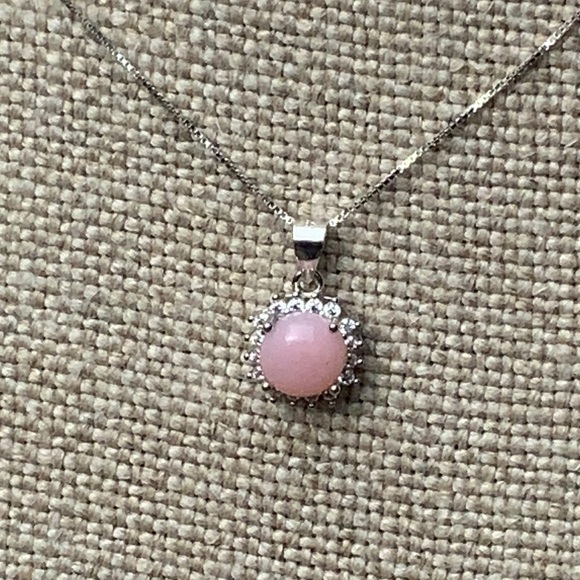 PINK OPAL & CZ 925 STERLING SILVER NECKLACE, 18 INCHES - Picture 1 of 7